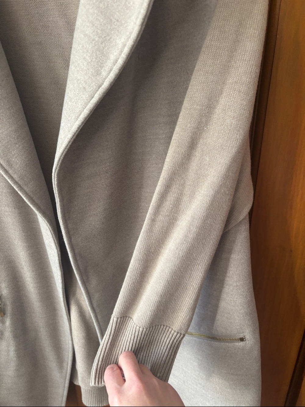 Chico's Taupe Knit Open-Front Coatigan with Gold Zippers - Picture 5 of 9